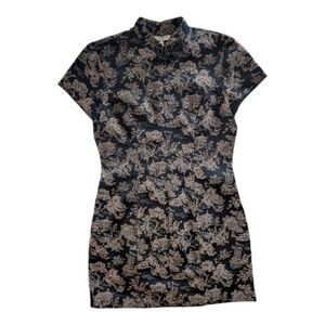 Vintage Cheongsam Qipao Mini Zippered Dress Black Gold Women's Small